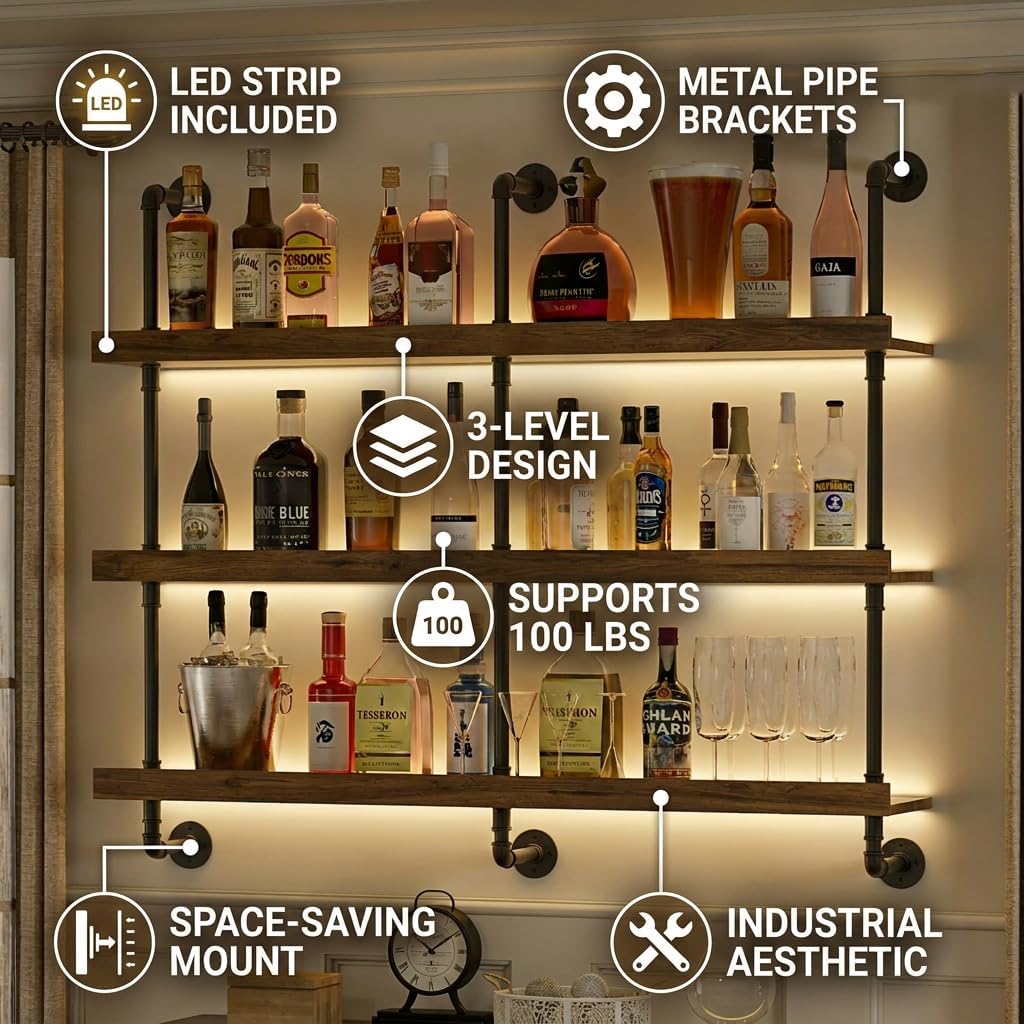 벽걸이식 LED 조명 와인랙 3단 플로팅 바 선반 주류 - Kitchen Appliances Shelves 리뷰 및 가격